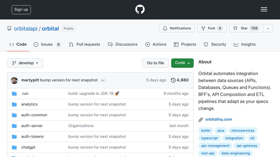 Screenshot of github.com: Show HN: Orbital – Dynamically unifying APIs and data with no glue code