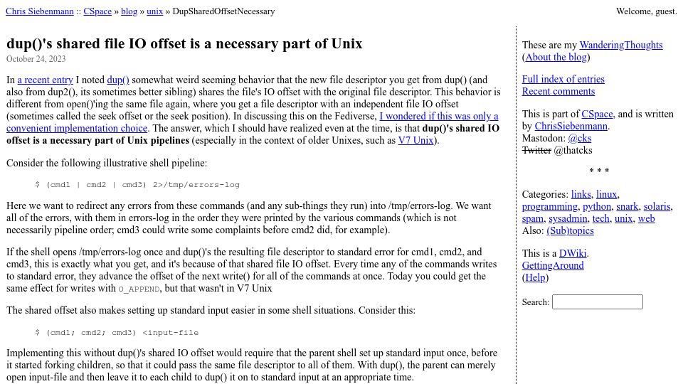Screenshot of utcc.utoronto.ca: Dup()'s shared file IO offset is a necessary part of Unix