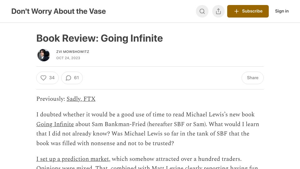Screenshot of thezvi.substack.com: Book Review: Going Infinite