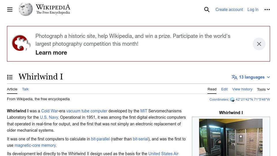Screenshot of en.wikipedia.org: Whirlwind I