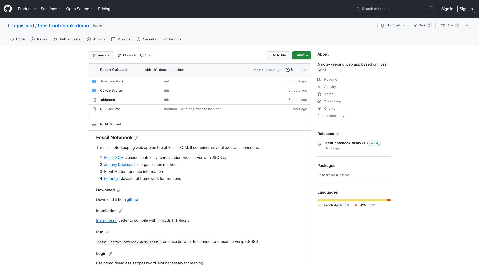 Screenshot of github.com: Show HN: A note-keeping system on top of Fossil SCM