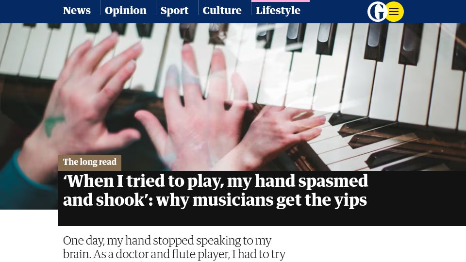 Screenshot of theguardian.com: 'When I tried to play, my hand spasmed and shook': why musicians get the yips