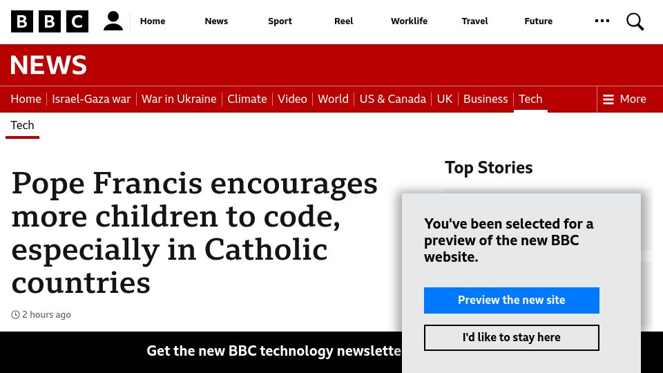 Screenshot of bbc.com: Pope Francis encourages more children to code, especially in Catholic countries