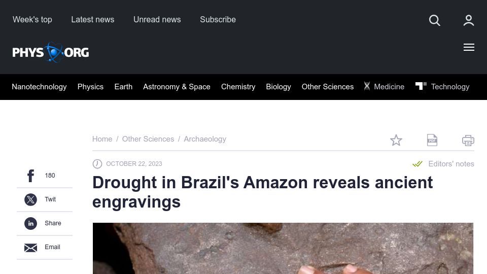 Screenshot of phys.org: Drought in Brazil's Amazon reveals ancient engravings