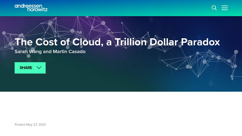 Screenshot of a16z.com: The cost of cloud, a trillion dollar paradox (2021)