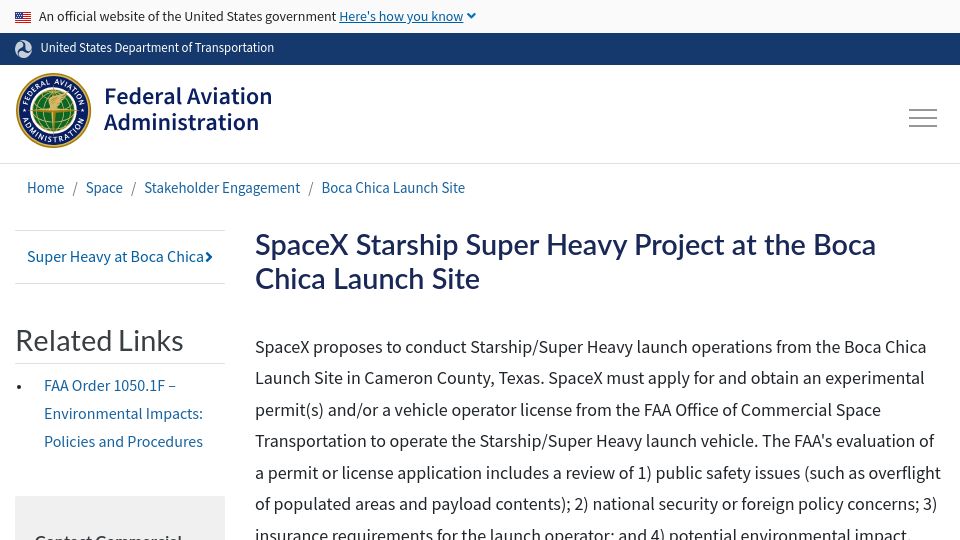 Screenshot of faa.gov: SpaceX Starship Super Heavy Project at the Boca Chica Launch Site