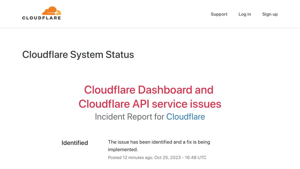 Screenshot of cloudflarestatus.com: Cloudflare API, dashboard, tunnels down