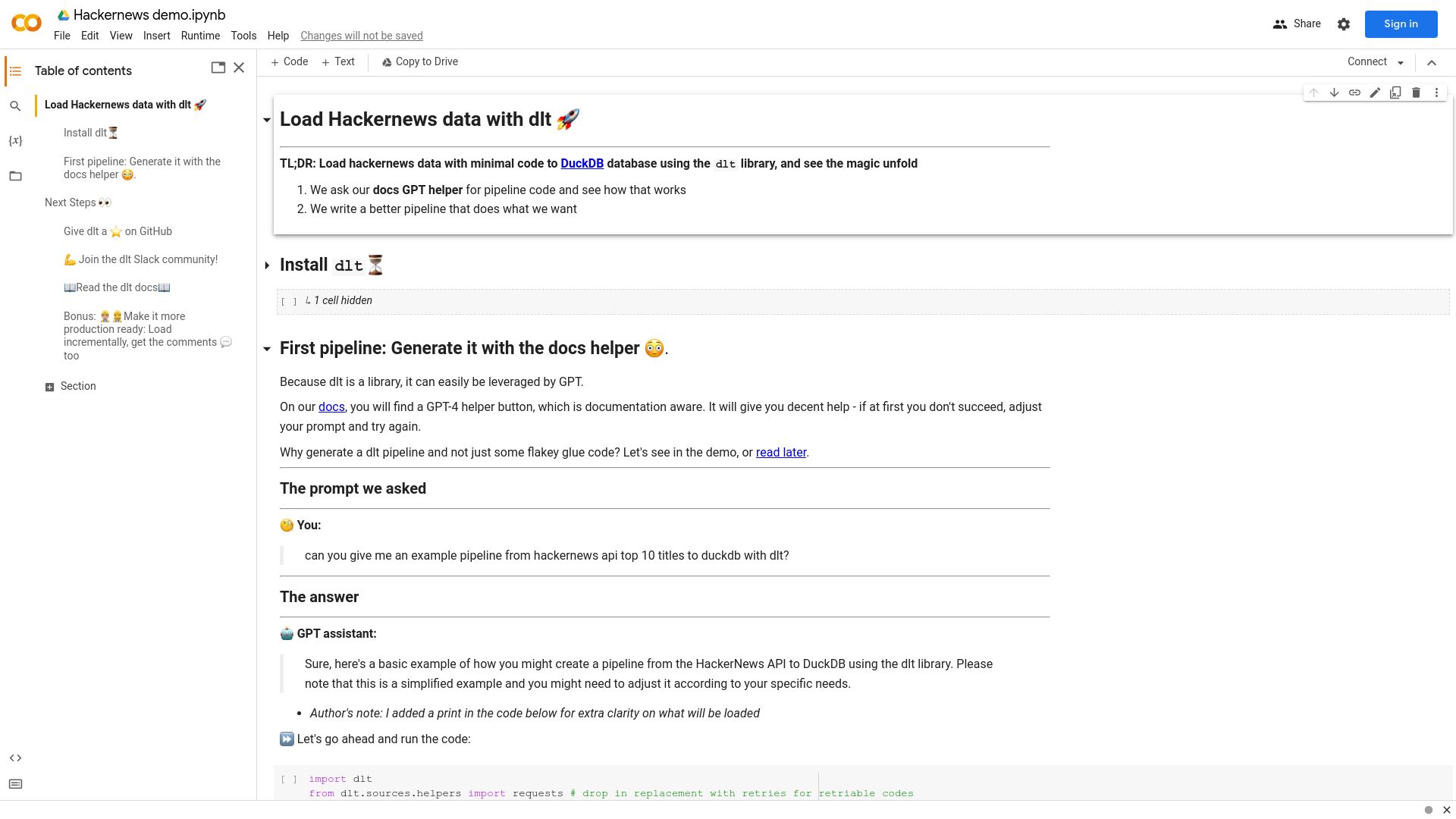 Screenshot of colab.research.google.com: Show HN: Dlt – Python library to automate the creation of datasets