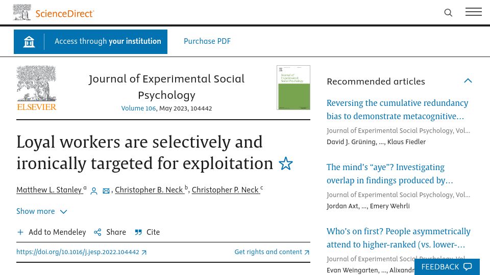 Screenshot of sciencedirect.com: Loyal workers are selectively and ironically targeted for exploitation