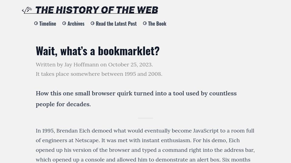 Screenshot of thehistoryoftheweb.com: Wait, what's a bookmarklet?