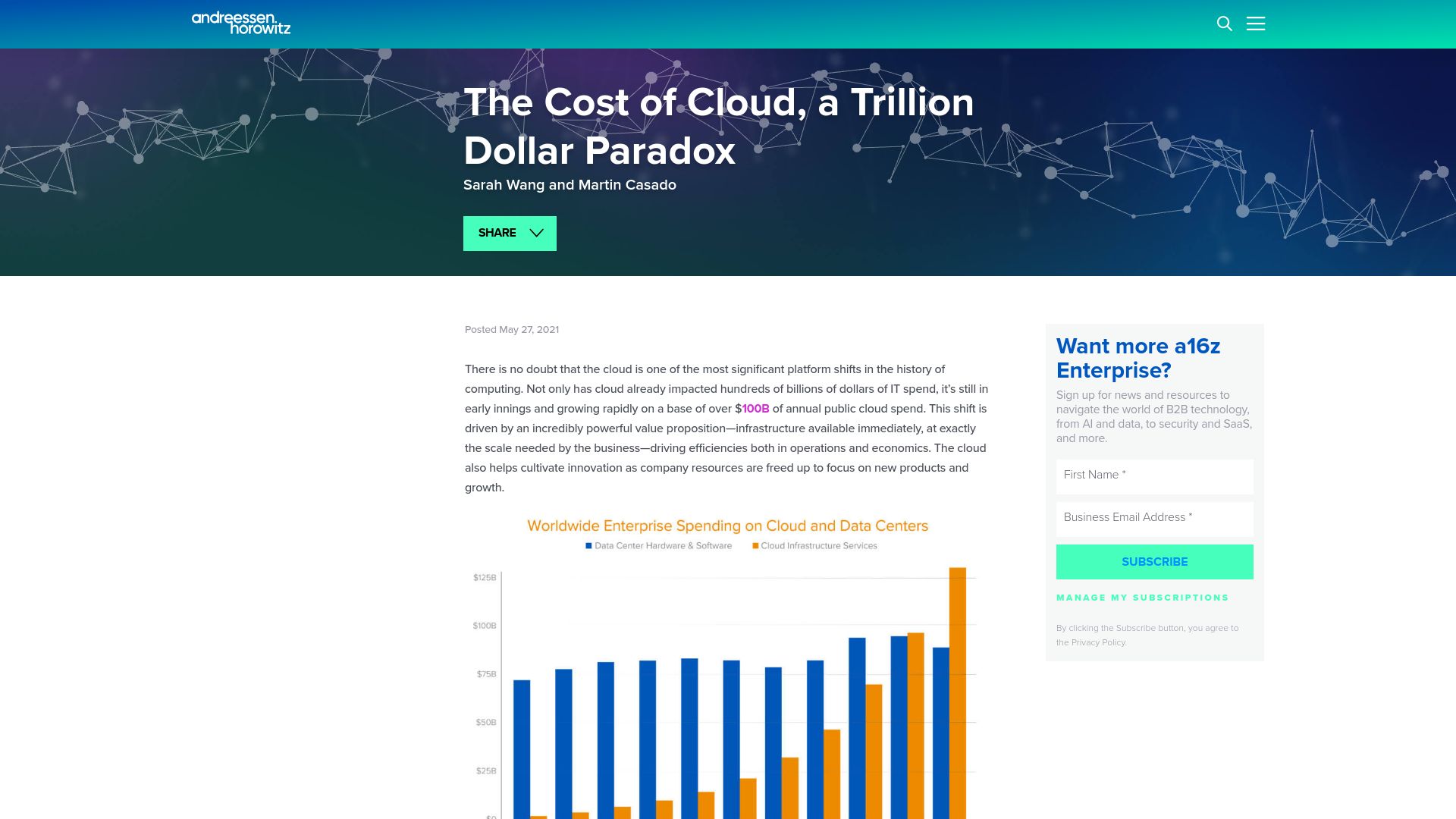 Screenshot of a16z.com: The cost of cloud, a trillion dollar paradox (2021)