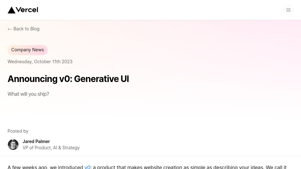 Screenshot of vercel.com: V0: Generative UI