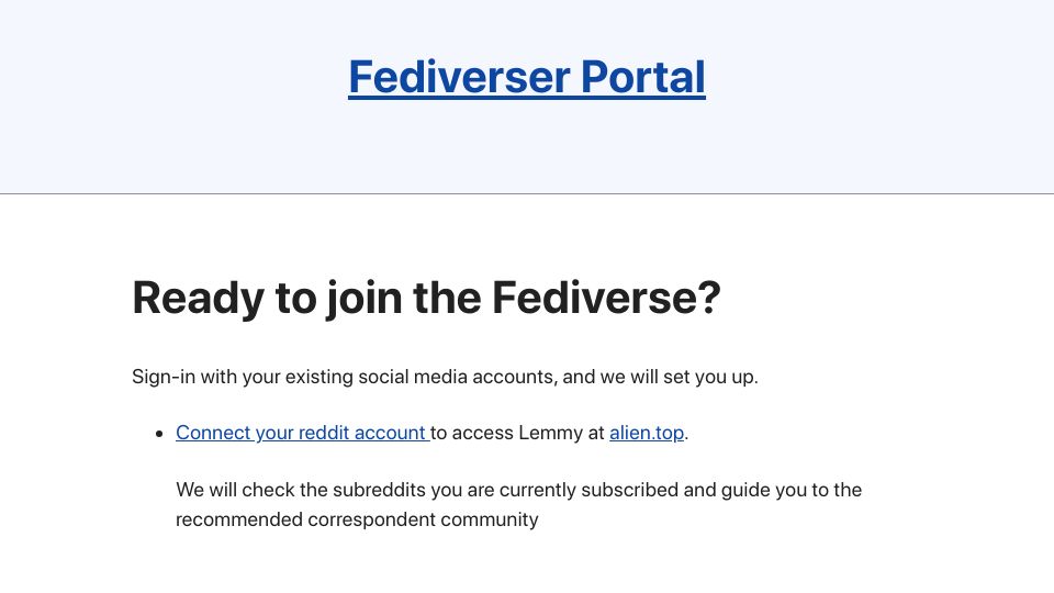 Screenshot of portal.alien.top: Show HN: Fediverser Portal – Bring your subreddits to Lemmy