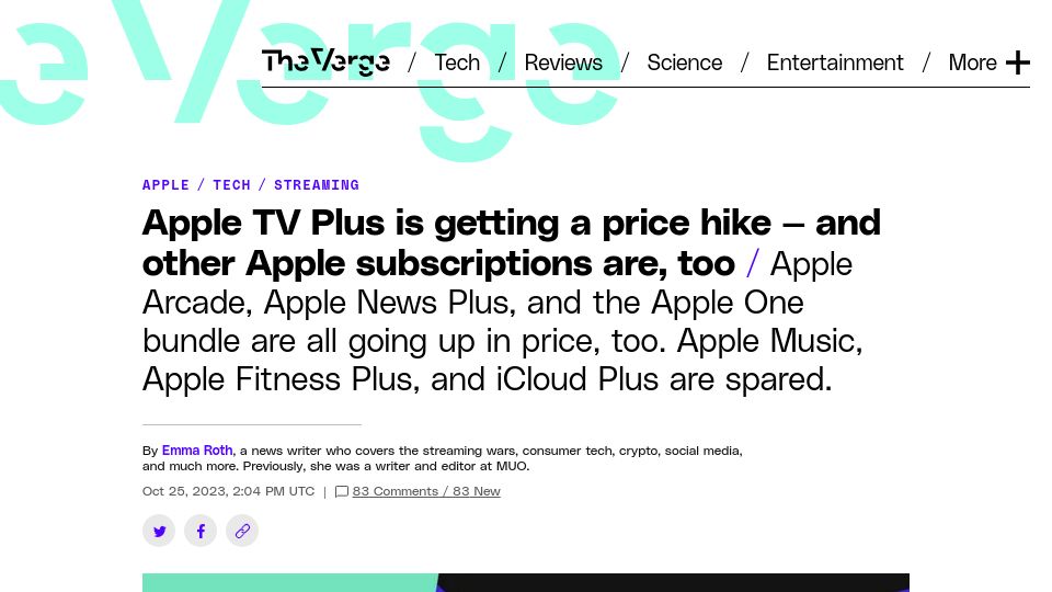 Screenshot of theverge.com: Apple TV Plus is getting a price hike – and other Apple subscriptions are, too