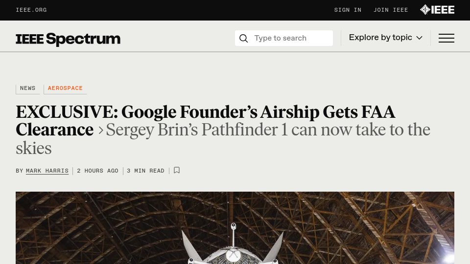 Screenshot of spectrum.ieee.org: Sergey Brin's airship gets FAA clearance