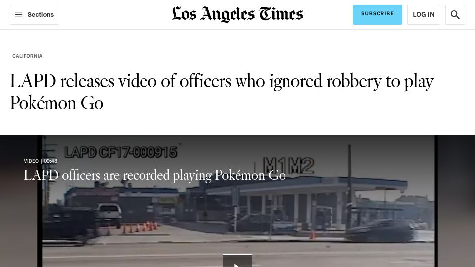 Screenshot of latimes.com: LAPD releases video of officers who ignored robbery to play Pokémon Go