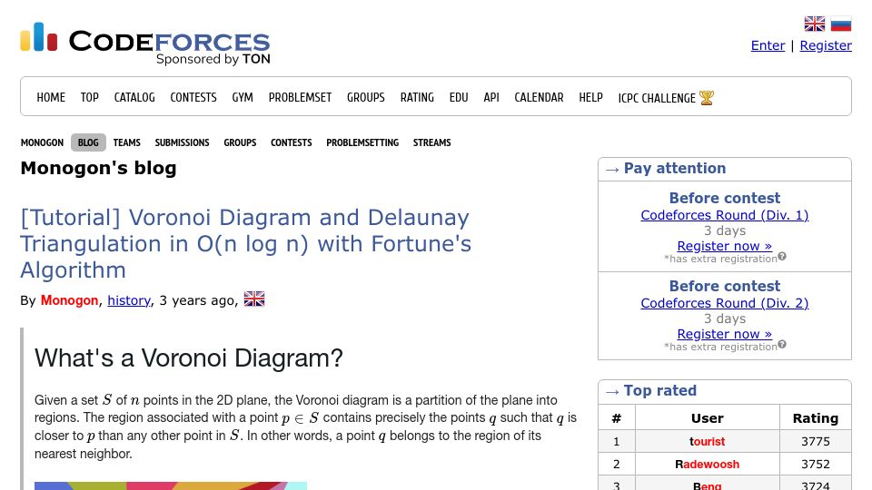 Screenshot of codeforces.com: Voronoi Diagram and Delaunay Triangulation in O(nlog(n)) (2020)