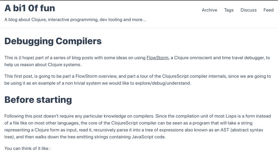 Screenshot of jpmonettas.github.io: Debugging compilers in Clojure