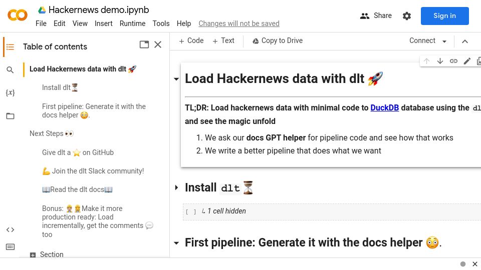 Screenshot of colab.research.google.com: Show HN: Dlt – Python library to automate the creation of datasets