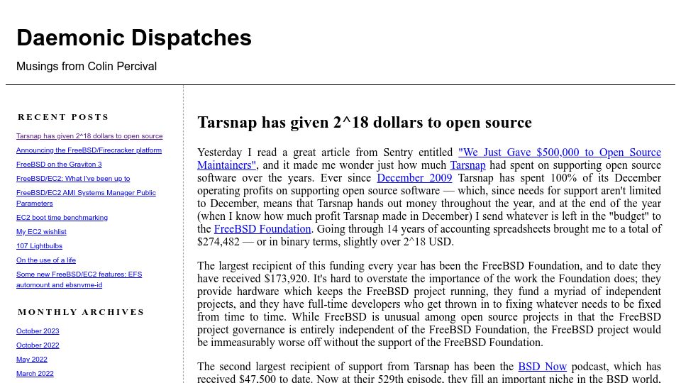 Screenshot of daemonology.net: Tarsnap has given 2^18 dollars to open source