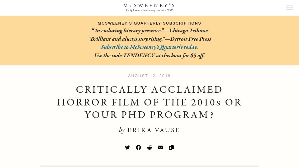 Screenshot of mcsweeneys.net: Critically Acclaimed Horror Film of the 2010s or Your PhD Program?