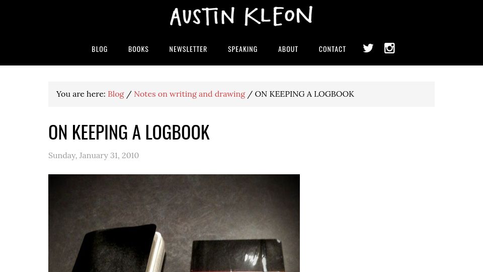 Screenshot of austinkleon.com: On Keeping a Logbook (2010)