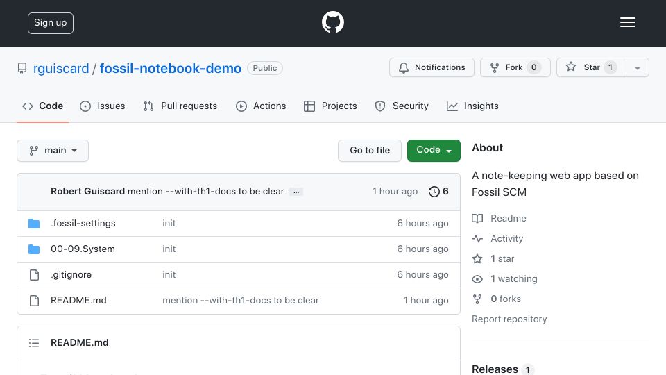 Screenshot of github.com: Show HN: A note-keeping system on top of Fossil SCM