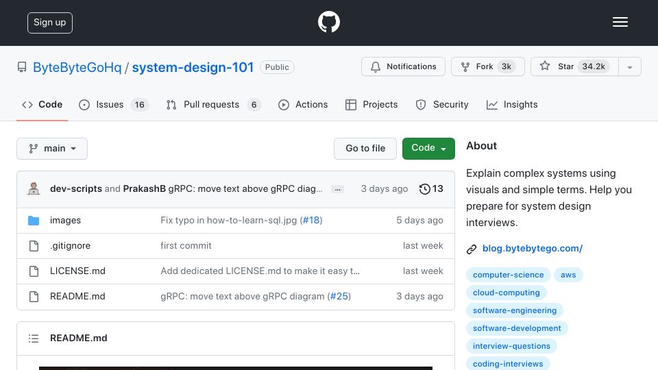 Screenshot of github.com: System Design 101