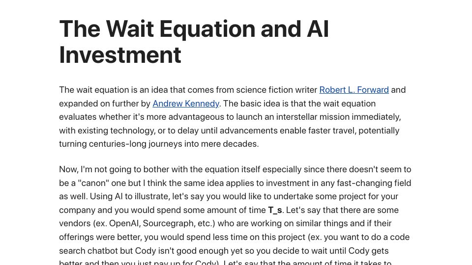 Screenshot of javednissar.ca: The Wait Equation and AI Investment