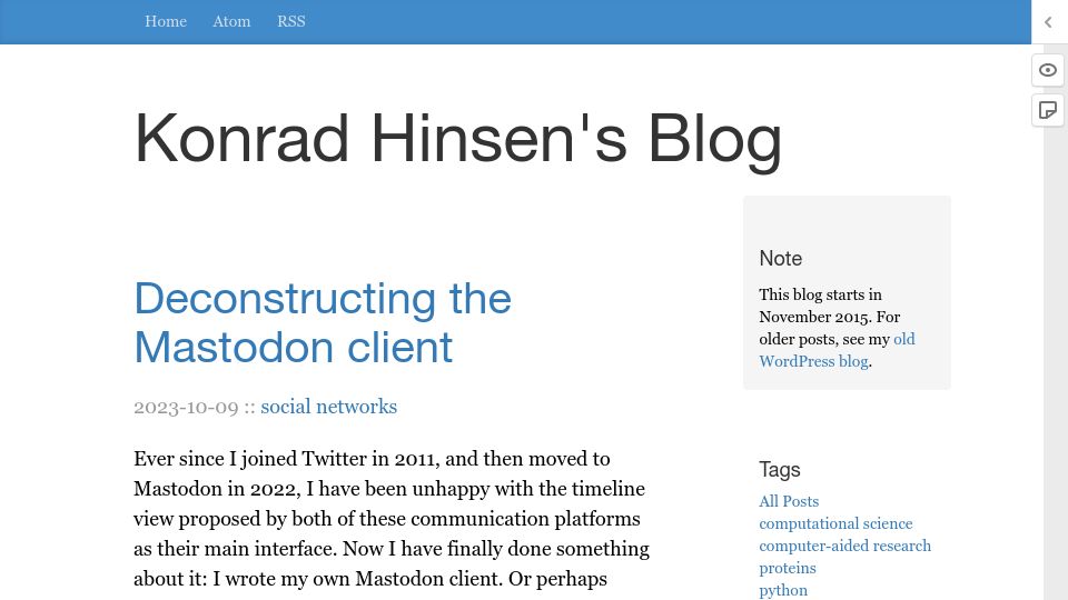 Screenshot of blog.khinsen.net: Deconstructing the Mastodon Client