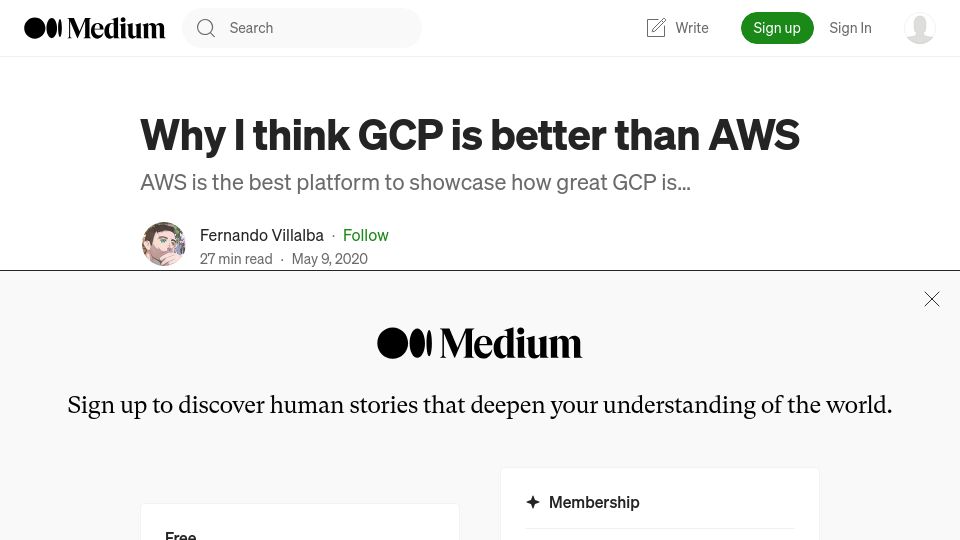 Screenshot of nandovillalba.medium.com: I think GCP is better than AWS (2020)