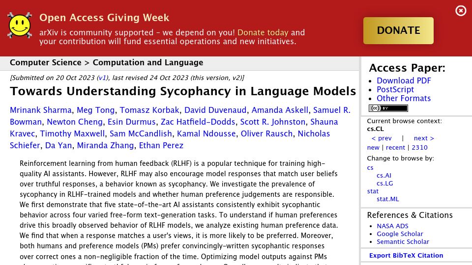 Screenshot of arxiv.org: Towards Understanding Sycophancy in Language Models