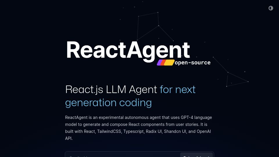 Screenshot of reactagent.io: ReactAgent: LLM Agent for React Coding