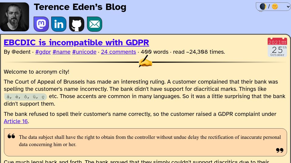 Screenshot of shkspr.mobi: EBCDIC Is Incompatible with GDPR