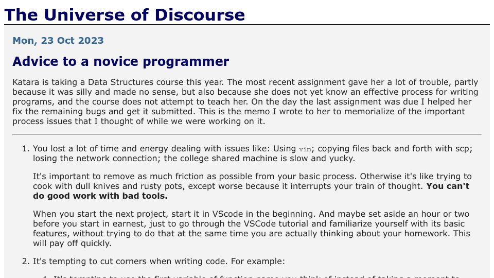 Screenshot of blog.plover.com: Advice to a novice programmer