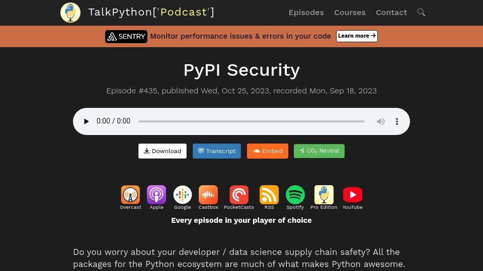 Screenshot of talkpython.fm: PyPI Security