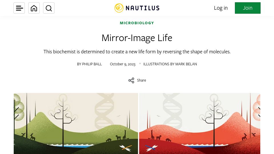Screenshot of nautil.us: Mirror-Image Life
