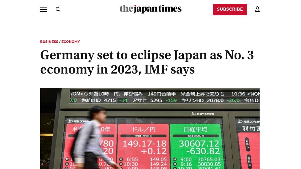 Screenshot of japantimes.co.jp: Germany set to eclipse Japan as No. 3 economy in 2023, IMF says