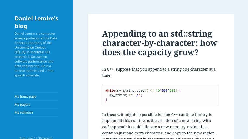 Screenshot of lemire.me: Appending to an std:string character-by-character: how does the capacity grow?