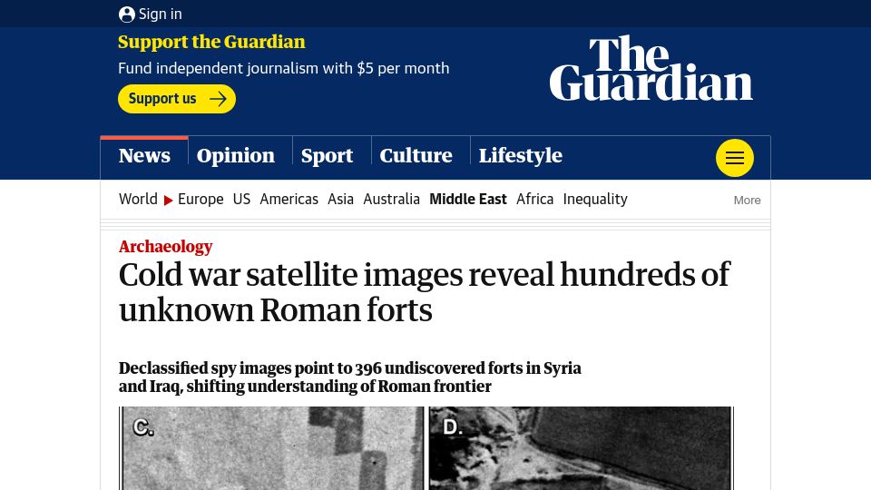 Screenshot of theguardian.com: Cold war satellite images reveal unknown Roman forts