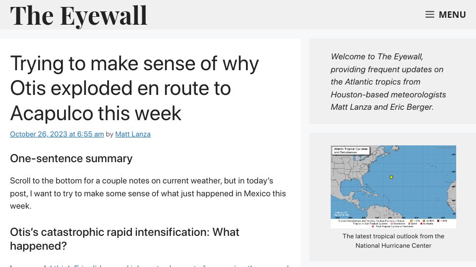 Screenshot of theeyewall.com: Trying to make sense of why Otis exploded en route to Acapulco