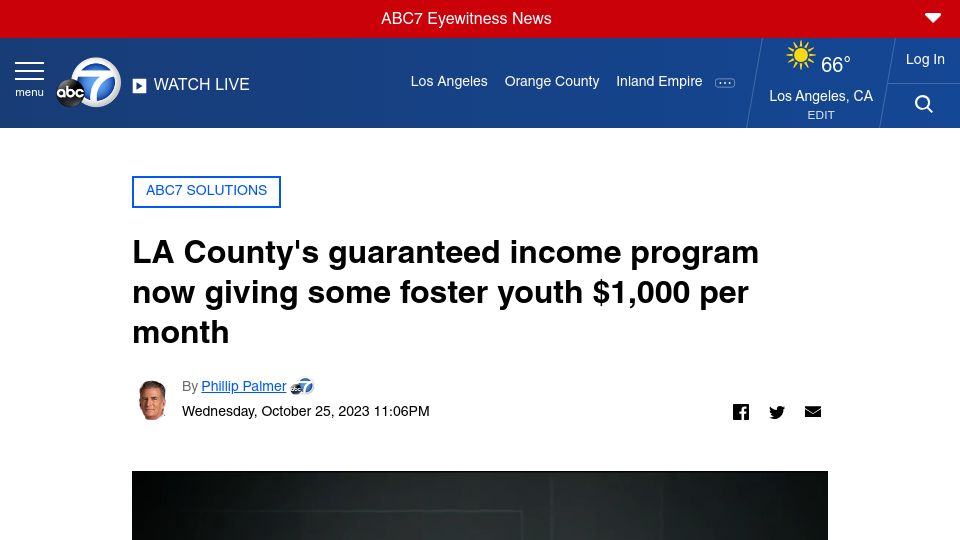 Screenshot of abc7.com: LA County's guaranteed income program to give some foster youth $1k per month