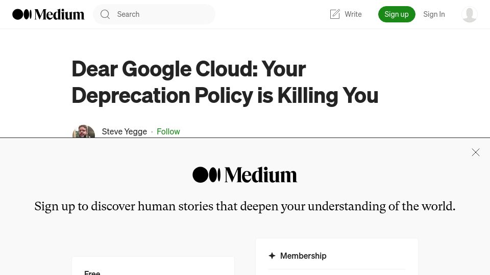 Screenshot of steve-yegge.medium.com: Dear Google Cloud: Your Deprecation Policy Is Killing You (2020)
