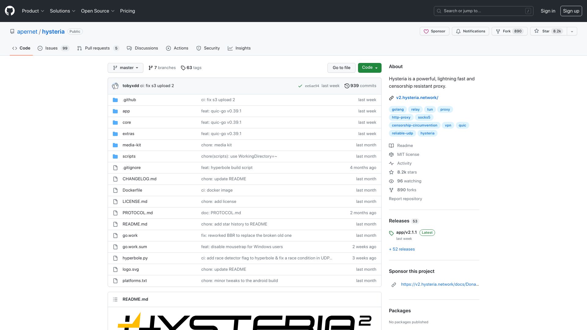 Screenshot of github.com: Hysteria is a powerful, fast and censorship resistant proxy