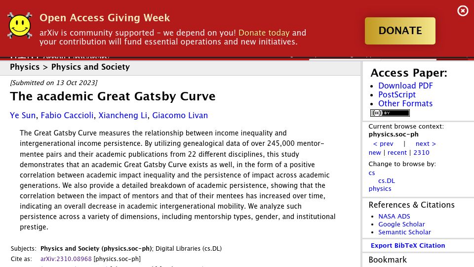 Screenshot of arxiv.org: The Academic Great Gatsby Curve