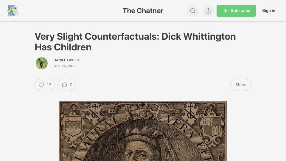 Screenshot of thechatner.com: Very Slight Counterfactuals: Dick Whittington Has Children