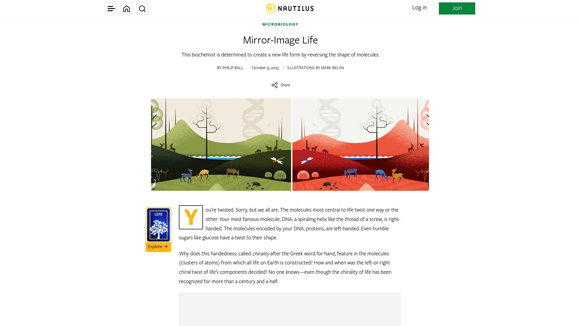 Screenshot of nautil.us: Mirror-Image Life