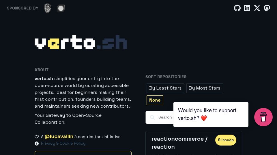 Screenshot of verto.sh: Verto.sh: A New Hub Connecting Beginners with Open-Source Projects