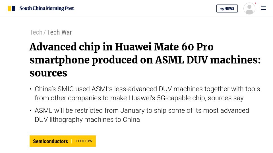 Screenshot of scmp.com: ASML DUV machines used to produce Huawei Mate 60 Pro chips