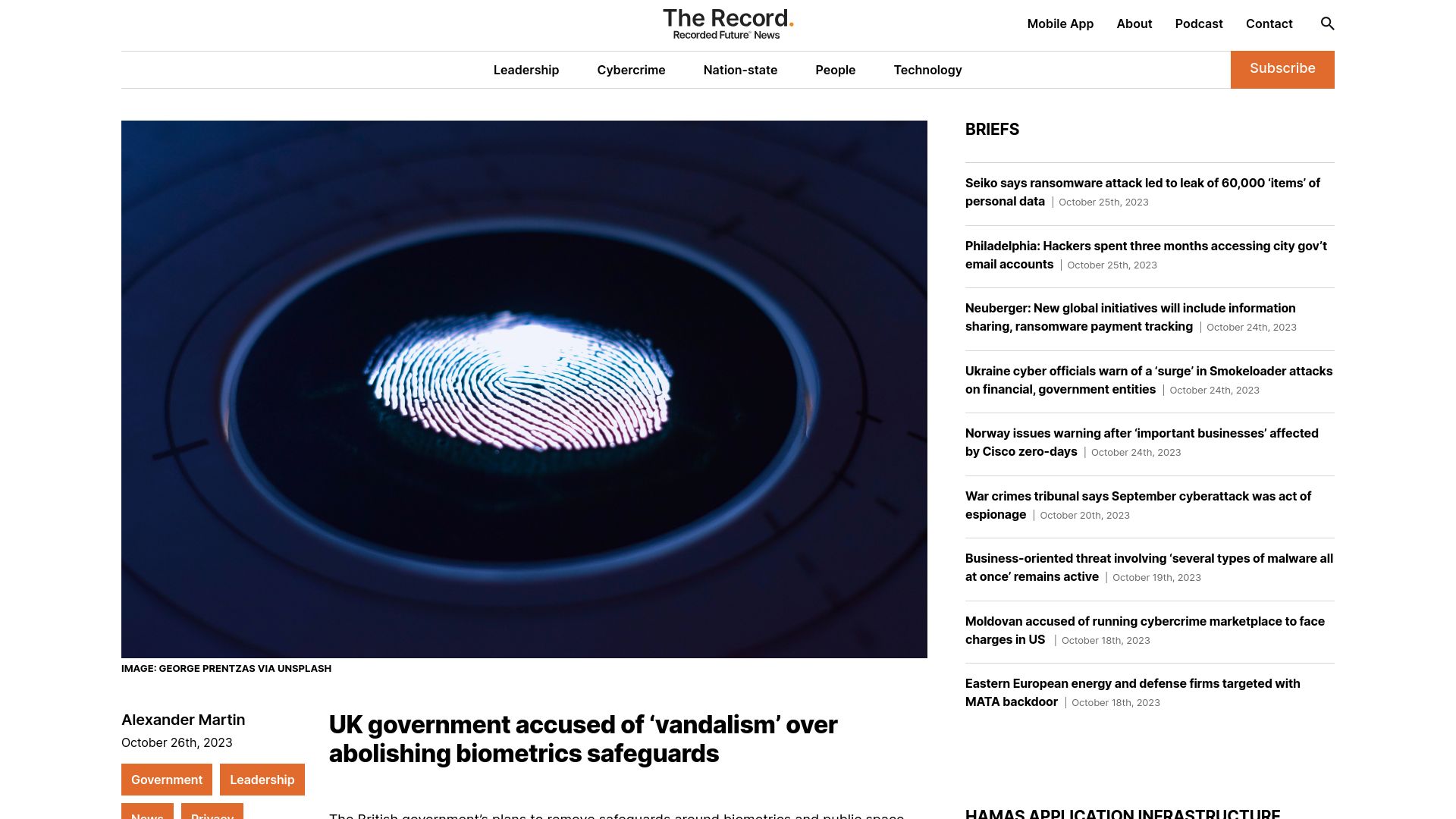Screenshot of therecord.media: UK government accused of 'vandalism' over abolishing biometrics safeguards